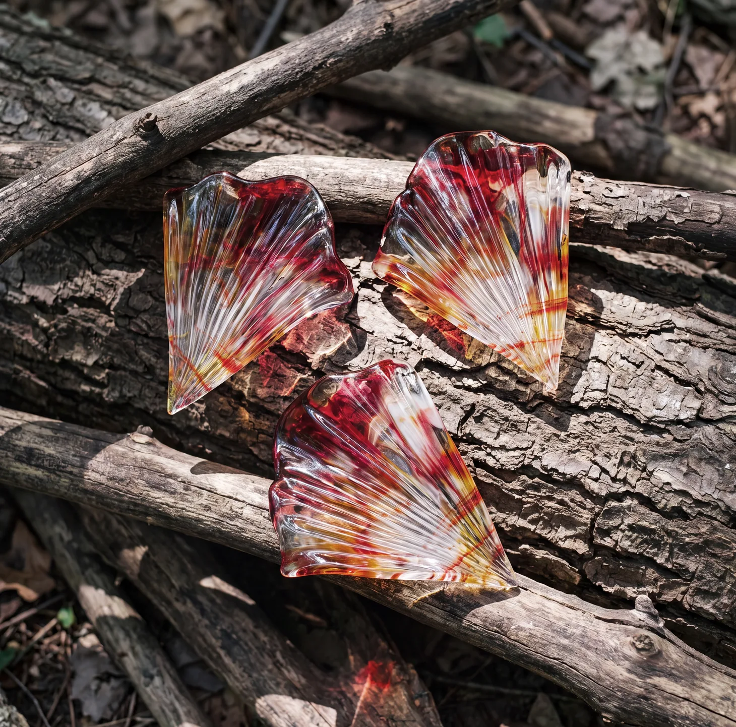 Amber and crimson glass shells resting on weathered wood