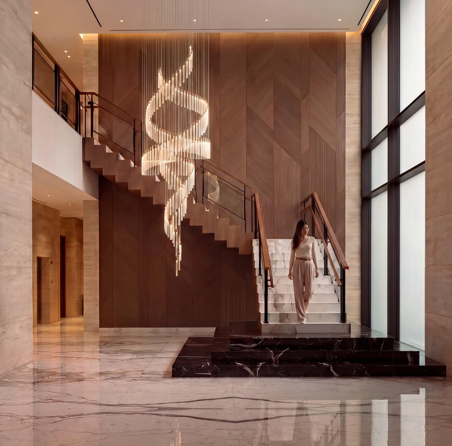A spiral chandelier in a hotel lobby