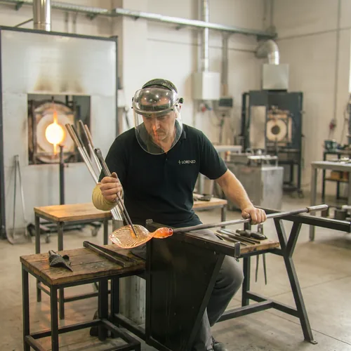 A glassblower shaping a component at the furnace