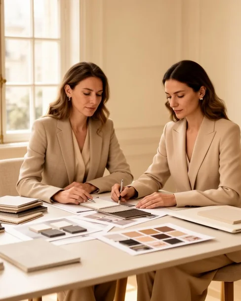 Designers reviewing material samples during a lighting consultation